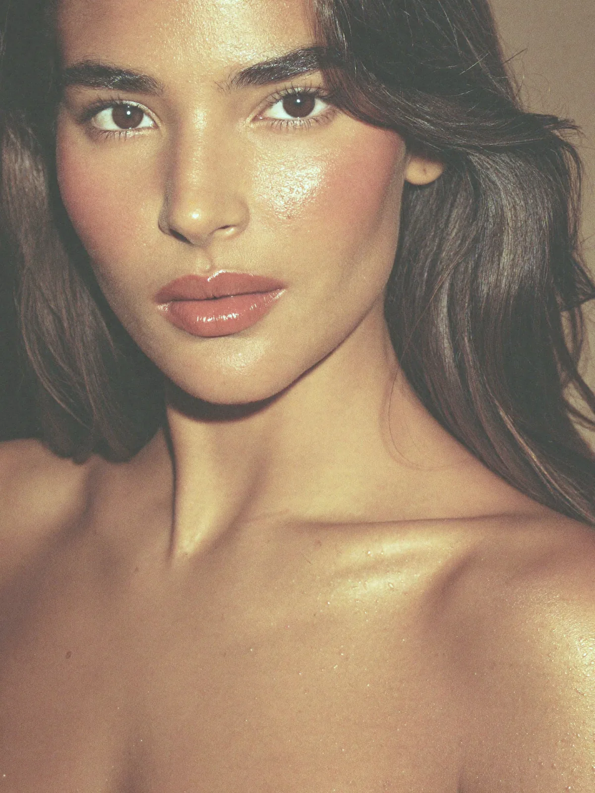 Los labios, la mejilla y la mandíbula de una mujer con luz cálida